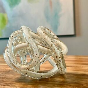 Hand Blown Art Glass Abstract Twisted Rope Knot Sculpture White w Gold Flecks